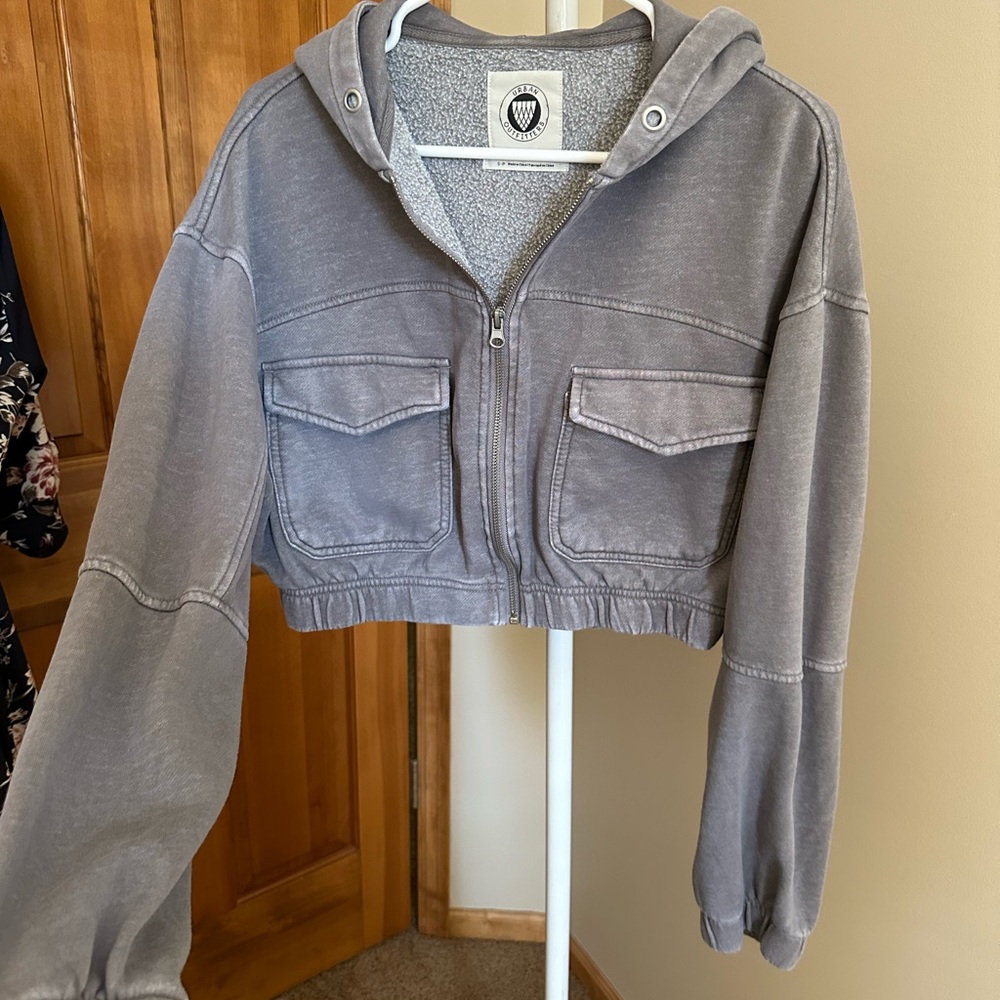 Urban Outfitters Gray Cropped Hoodie Jacket